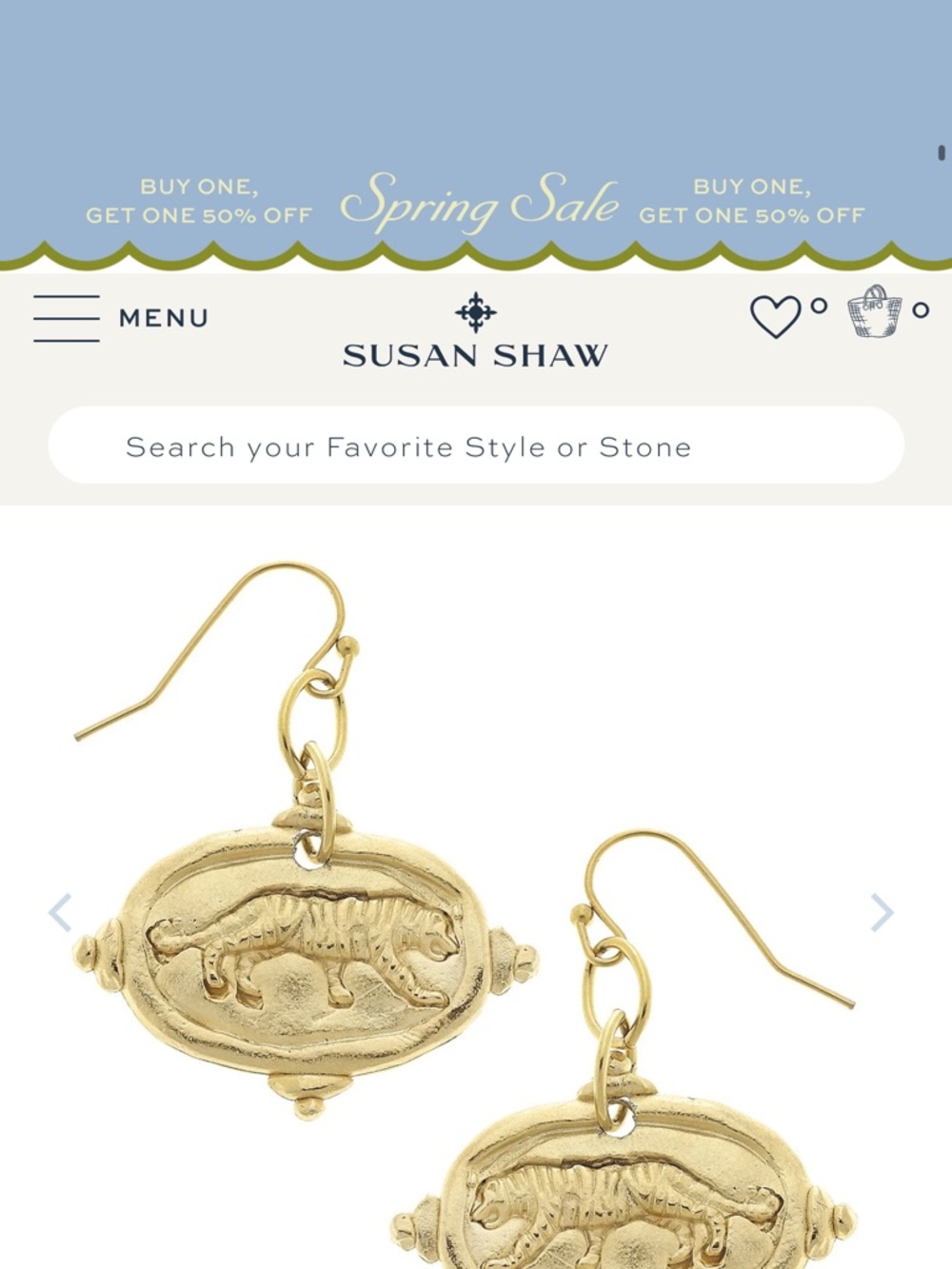 Authentic Susan Shaw Gold Tiger Medallion Drop Earrings